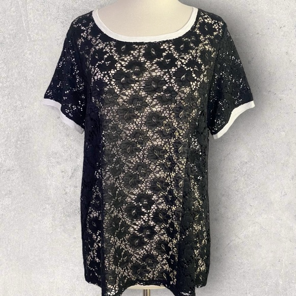TORRID Lace Ringer Crew Neck T-Shirt Women’s Size L -12 (Torrid 0) Black - Picture 4 of 10